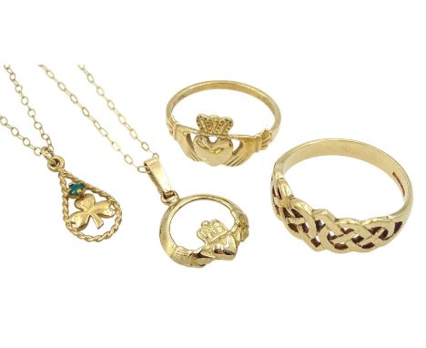 Irish gold Claddagh ring and pendant necklace, gold Celtic design ring and a gold shamrock pendant, all hallmarked 9ctConditi