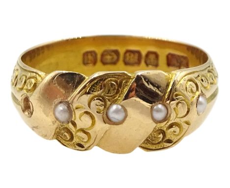 Victorian 18ct gold seed pearl ring with engraved scroll decoration, maker's mark E.V, Birmingham 1890Condition Report:Approx