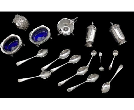 Pair of Edwardian silver salts with blue glass liners Sheffield 1909, pair of cylindrical pepperettes, silver mustard pot,  s