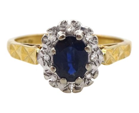 18ct gold oval sapphire and diamond cluster ring, London 1970Condition Report:Approx 3.3gm, size J-K, overall head = 10mm x 9