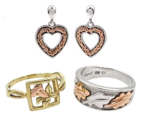 Clogau jewellery including 9ct gold St David's daffodil ring, silver and rose gold oak leaf ring and a pair of silver and ros