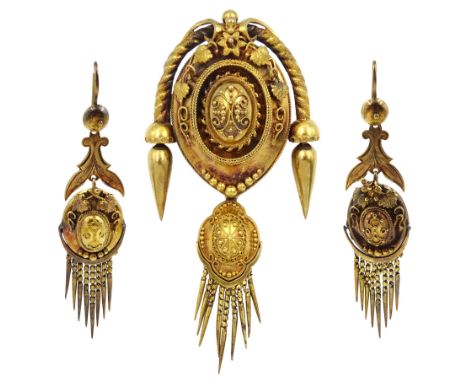 Victorian gold tassel brooch, with beaded, rope and foliate decoration and glazed panel reverse, with a pair of matching pend
