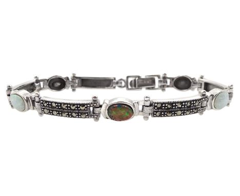 Silver two-tone opal and marcasite bracelet, stamped 925Condition Report:Length = 18cm, good condition 