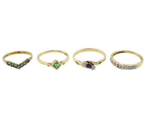 Four 9ct gold diamond and stone set rings including tanzanite, sapphire and emerald, all hallmarkedCondition Report:Approx 5.