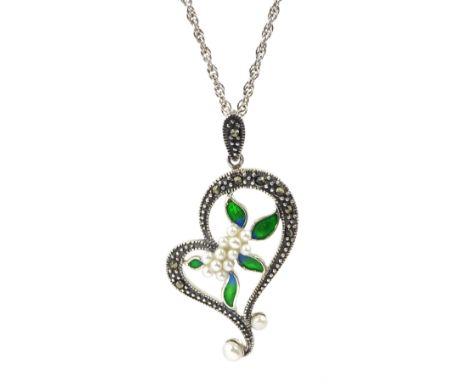 Silver pearl, marcasite and enamel flower design pendant necklace, stamped 925Condition Report:Chain length = 46cm, pendant l