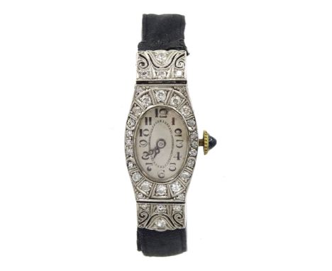 Art Deco platinum milgrain set diamond manual wind lever wristwatch, on ribbon with 14ct white gold claspCondition Report:App