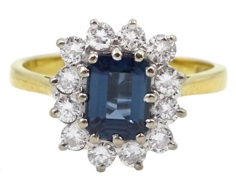 18ct gold emerald cut sapphire and round brilliant cut diamond cluster ring, London 1986Condition Report:Approx 4gm, size M 1