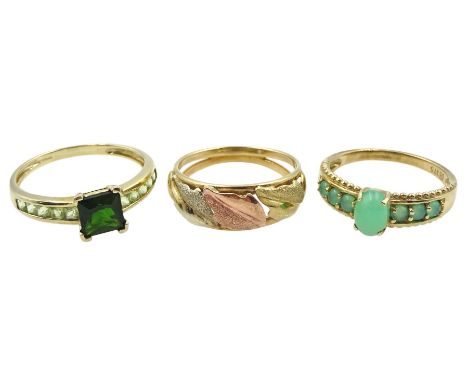 Gold leaf design ring, chrysoprase ring and one other green stone set ring, all hallmarked 9ct Condition Report:Leaf approx 2