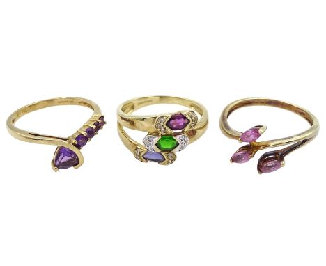 Gold amethyst ring and two other stone set gold rings, all hallmarked 9ctCondition Report:Approx 6.35gm, sizes N, O-P &amp; M