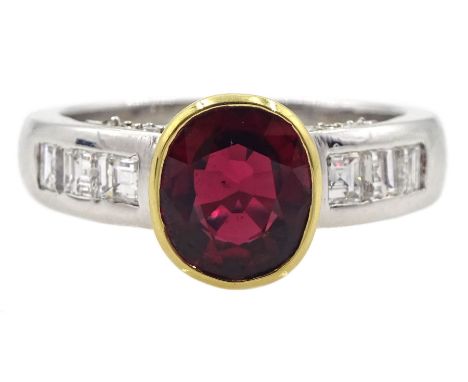 18ct white gold oval ruby ring, with channel set princess cut diamond shoulders and gallery, hallmarked, ruby approx 2.20 car