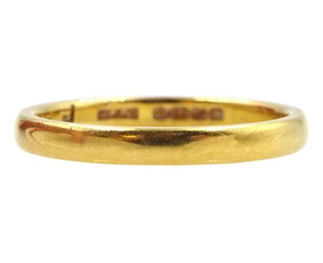 22ct gold wedding band, hallmarked Condition Report:Approx 2.6gm, size K-L, band depth 2mm