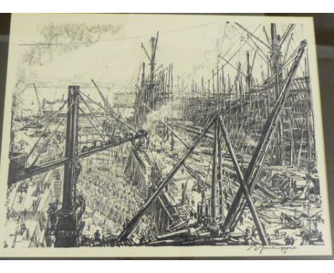 Muirhead Bone, (1876-1953) Reconstructing of a Clyde Shipyard from the series 'On The Clyde', c.1917 Lithograph, signed in a 