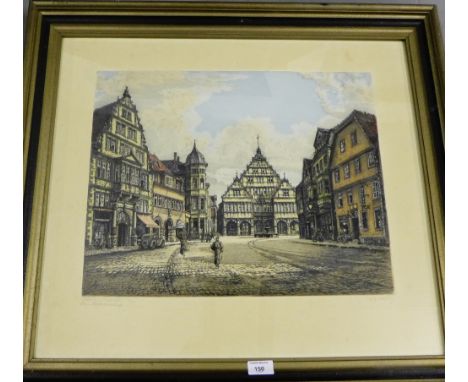 Continental Street Scene Coloured lithograph, in a glazed frame, 74 x 67cm
