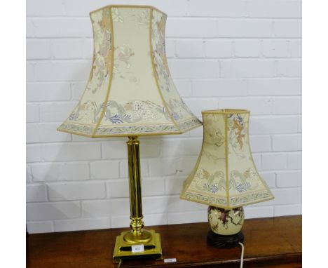 A brass column table lamp and shade, together with another Satsuma style lamp with matching shade, (2) 