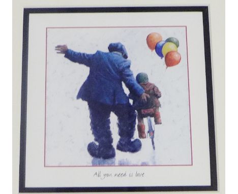 A framed Alex Miller print titled 'All you need is Love', 37x 37cm