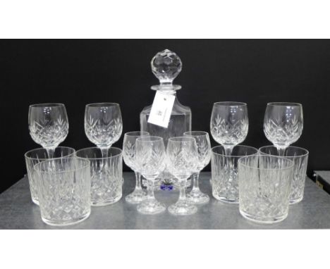 An Edinburgh crystal square cut spirit decanter and stopper, together with six tumblers, four wine glasses and four sherry gl