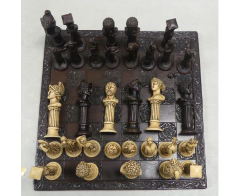 A Complete Berkeley Type Chess Set in the style of Greek Mythology ( one piece a/f noted)  board 45cm square also lockable ca