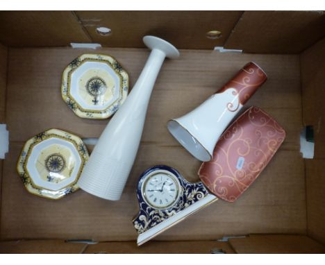 Collection of Wedgwood bone china items to include a Cornucopia pattern small mantle clock, vase and tray in the Marrakech pa