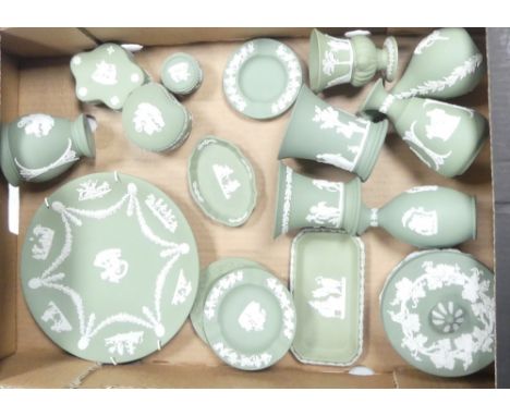 Wedgwood Sage Green Jasperware to include wall plate, ash trays ,pin trays, large powder lidded box, vases, trinket boxes(1Tr