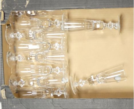Ajka, Ten Cumbria Shape Crystal Flute Glasses. Used as blanks for the production of De Lamerie luxury giltware. (1 Tray)