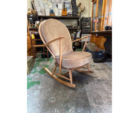 Ercol Blonde Elm Model 315 Blue Label Rocking Chair with original removable cushions H98cm