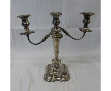 Large silver plated three branch candlelabra, height 35cm.