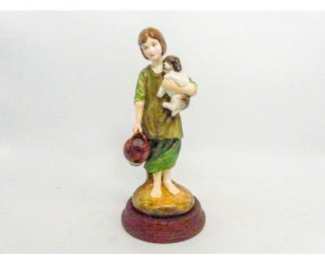 Reg Johnson figure A Cottage Girl with Dog and Pitcher, on turned wooden base.
