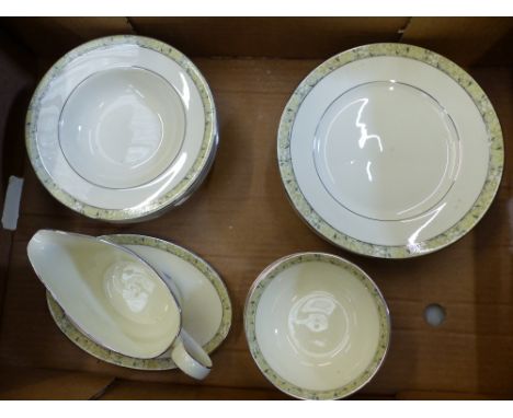 Minton dinner ware in the Wimbledon pattern: 6 salad plates,  6 rimmed soup bowls, 6 dessert bowls, gravy boat and saucer (1 
