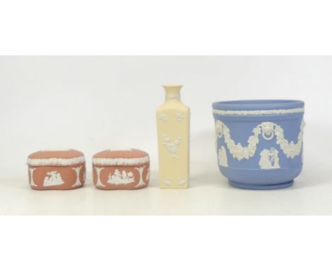 Wedgwood, Four Jasperware items including primrose prunus vase, two terracotta trinket dishes, and small powder blue planter 
