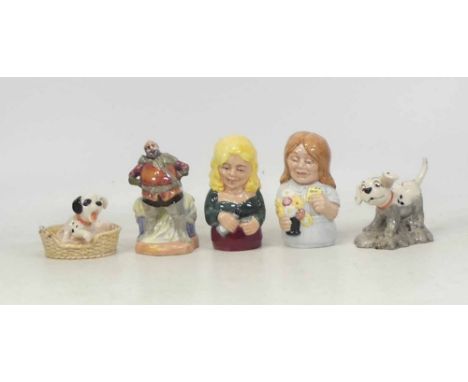 Five Royal Doulton figures to include Disney's 101 Dalmatians 'Patch in a Basket' DM9, Rolly DM4, Falstaff HN3236 and two can