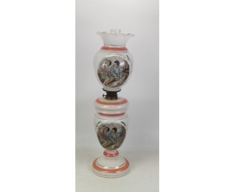 Early 20th Century Milk Glass Oil Lamp. Printed picnic scene. to shade and reservoir. Height: 53cm