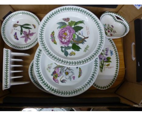 Portmeirion items in the Botanic Garden pattern including a cheese board, toast rack, oval oven to table ware, side and dinne