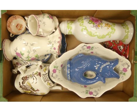 A Mixed Collection of Ceramics including Plymouth Gin gargle jug, together with ceramics vases and jugs (1 Tray)