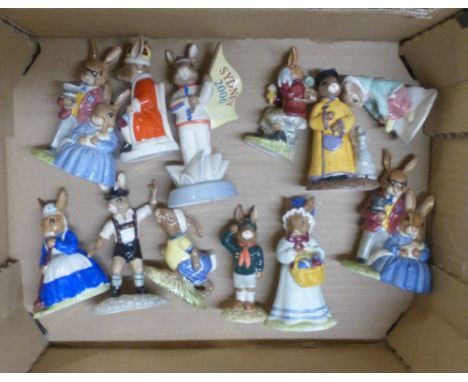 Collection of Royal Doulton Bunnykins figures to include two Father, Mother and Victoria DB68, King John DB45, England Athlet