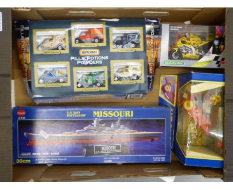 Mixed collection of boxed vehicles to include a Matchbox 'Pills Potions &amp; Powders' set of 6 vintage style advertising van