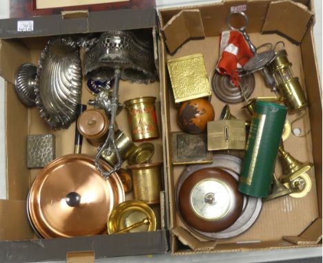 A mixed selection of metal ware to include a boxed miners lamp, various trinket boxes, candle sticks, barometer(2 Trays)