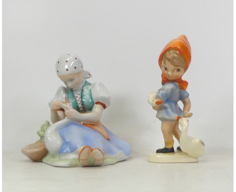 Zsolnay Pecs, Porcelain model of a girl with goose together with small Goebel Hummel figure of a goose girl. (Height: 18.5cm)
