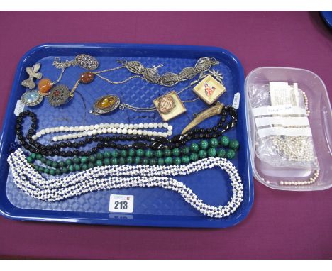 Vintage Costume Jewellery, including malachite and mother of pearl bead necklaces, imitation pearls (need re-stringing), fili