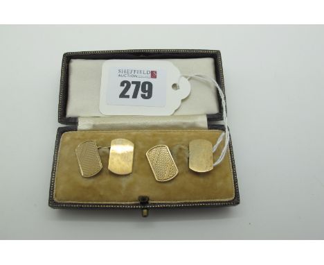 A Pair of 9ct Gold Cufflinks, the rectangular panels, part engine turned, on chain connections (5grams); contained in a Regen