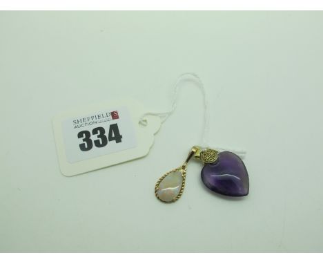 A Modern Heart Shape Polished Hardstone Pendant, stamped "14k"; Together with An Opal Single Stone Pendant, tear drop claw se