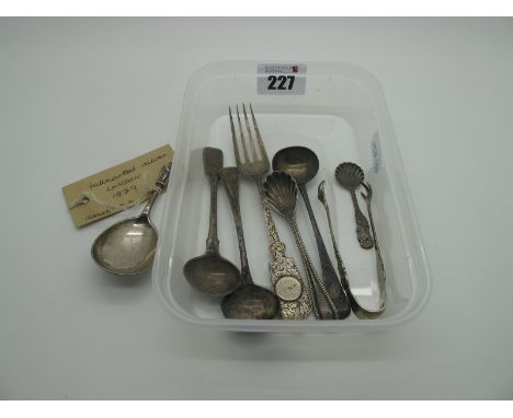 A Victorian Hallmarked Silver Caddy Spoon, together with a decorative hallmarked silver fork, hallmarked silver salt spoons, 