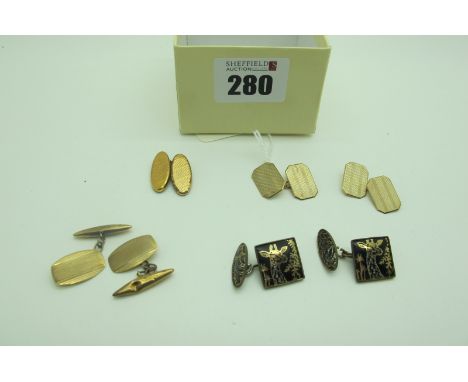 A Pair of 9ct Gold Cufflinks, the engine turned panels on chain connections, together with another pair stamped "9ct" (dents)