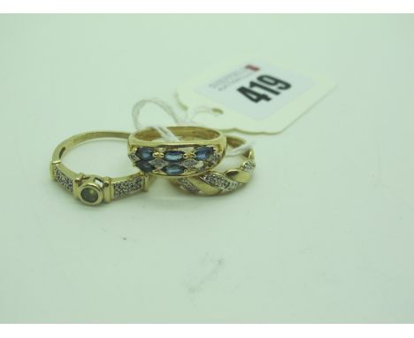 A Modern 9ct Gold Stone Set Dress Ring, claw set (one missing), between plain shoulders (finger size P), a twist style ring, 