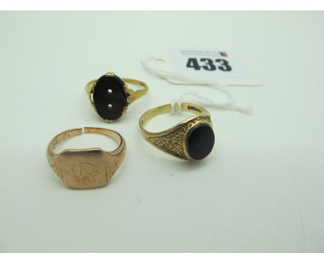 A 9ct Gold Signet Style Ring, with inset panel (finger size R); together with another signet style ring (cut), etc. (3) 