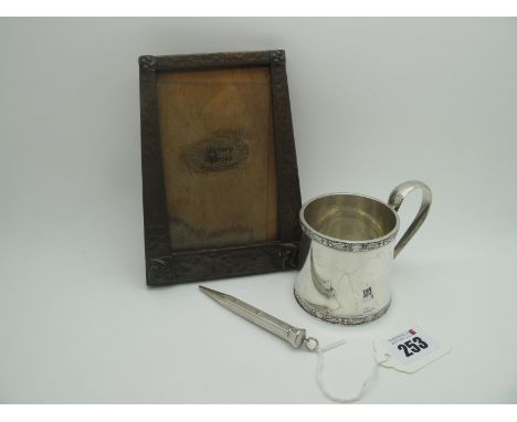 A Silver Plated Cup, with Celtic band decoration; together with a "925 Silver" pencil, with engine turned decoration and susp