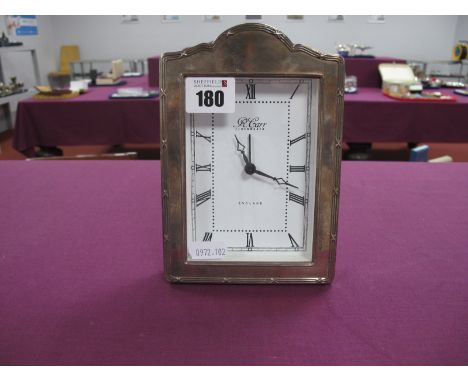 A Modern Hallmarked Silver Mounted Clock, on plush freestanding back, overall height 16.8cm high. 