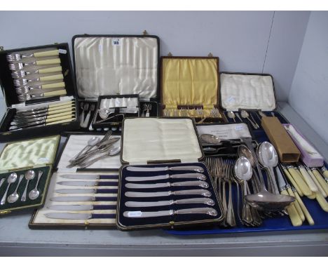 A Mixed Lot of Assorted Plated Cutlery, including hallmarked silver teaspoons and sugar tongs (damage / incomplete); hallmark