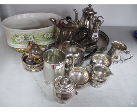 Assorted Plated Ware, including thimbles, one with enamel decoration stamped "925"; plated tea sets, oval ceramic planter, bo