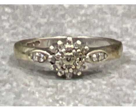 Ladies 9ct white gold diamond cluster ring. Size M (2.4g)