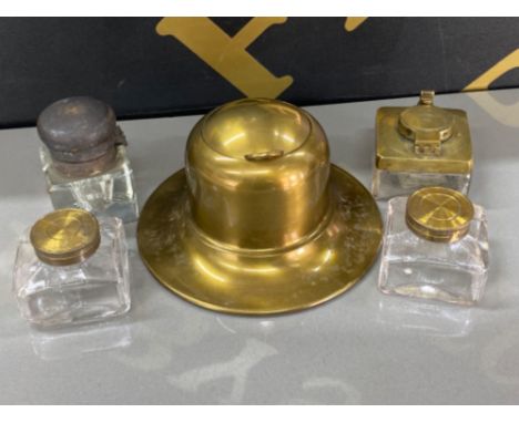 1940s brass &amp; Bakelite inkwell together with 3 antique glass &amp; brass inkwells also includes a 19th century glass &amp